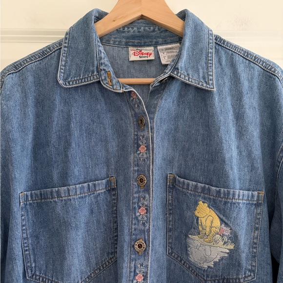 Vintage Disney Store WInnie the Pooh Embroidered Denim Shirt Floral 90s Y2K Sz L - Picture 4 of 16